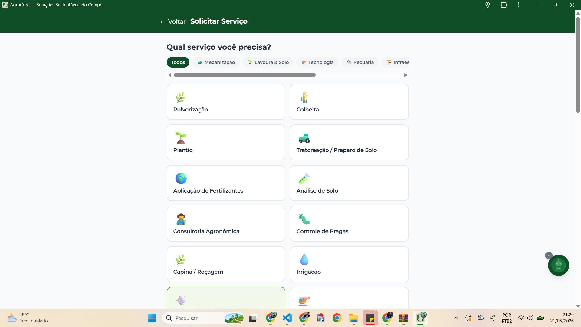 Solicitar serviço no AgroCore